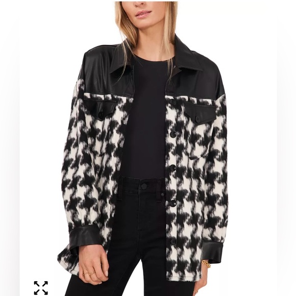 Vince Camuto Jackets & Blazers - Vince Camuto Black/White Houndstooth Faux Leather Trim Button Down Shacket XL